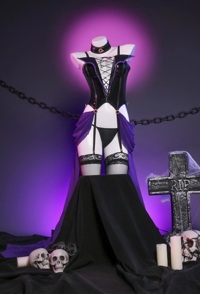 Raven Derivative Sexy Lingerie Set Halloween Corset and Thong with Choker and Thigh Socks