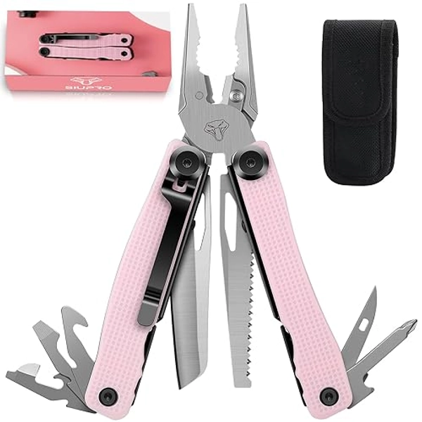 SIUPRO Pocket Multitool Knife for Men, Women, Tactical Multi Tool, All Self-Locking Camping Saw, Survival Pliers set With Clip and Pouch, Gifts Ideas, Pink