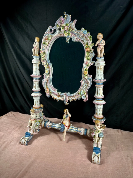 incredible Rare Antique Meissen Porcelain Makeup/Table Mirror with Cherubs and Floral Motifs