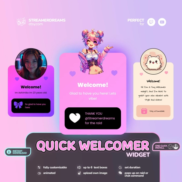 Quick Welcomer Widget for Twitch YouTube stream | customizable card pop up for new viewers | Raid Event | chat command | Streamelements