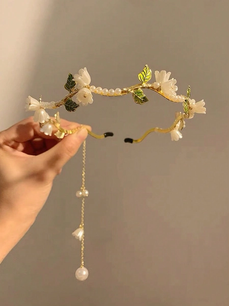 1 Faux Pearl Lily Of The Valley Flower Rhinestone Leaf Alloy Tassel Simple Decorative Ladies Headband Elegant,tiara de cabelo feminina