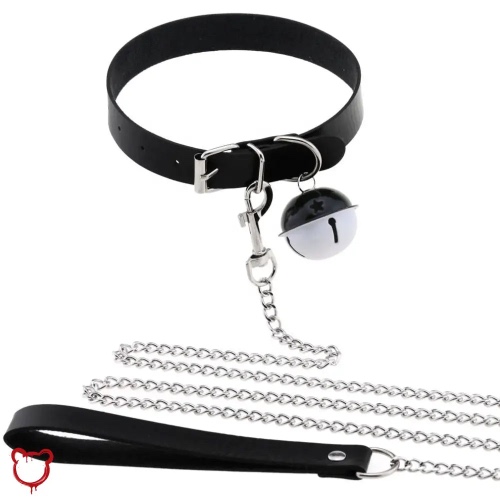 Leather Bell Chain Collar - Pink / Bell