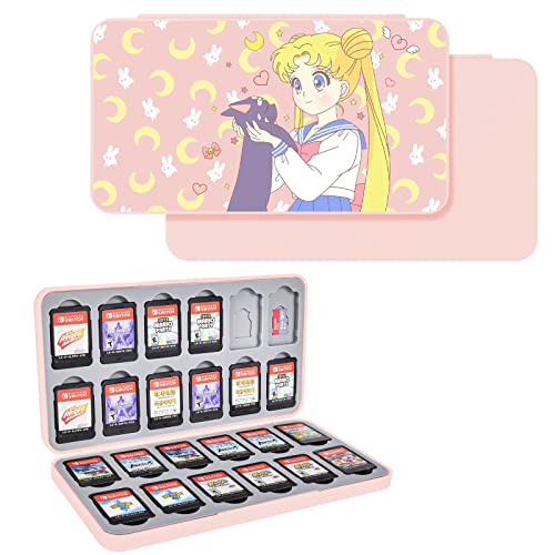 DLseego Sailor Moon Switch Game Case Holder 24 Slots For Switch & Switch Lite &Switch OLED Game Cards and Micro SD Card Portable Storage Box Hard Shell Silicone Lining Game Cartridge - Pink