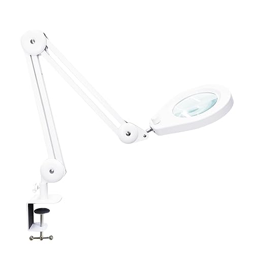 Beyamz - Lámpara de aumento LED, lámpara de trabajo profesional/Lente 5X de 105 mm/Brazo oscilante de primera calidad/Luces regulables de 790 lm/Alcance de 90 cm/Abrazadera de 6,4 cm - Blanco