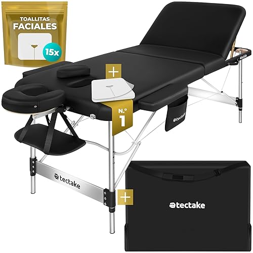 TecTake® Camilla Masaje Plegable y Ajustable en Altura, Camilla Fisioterapia, Estructura Ligera de Aluminio, Camilla Estetica Profesional, Acolchado Resistente al Agua y Aceite - Ancho 78 cm Negro - Ancho 78 cm - Negro
