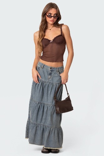 Countryside Tiered Washed Denim Maxi Skirt | BLUE / S