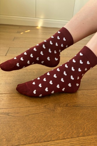 Burgundy White Heart Socks | Burgundy White Hearts