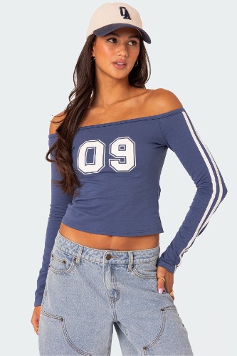 90'S Off Shoulder Long Sleeve T Shirt | BLUE / S