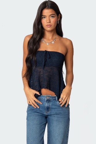 Embroidered Sheer Strapless Top | NAVY / XS