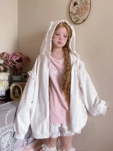 white lacy bunny hoodie