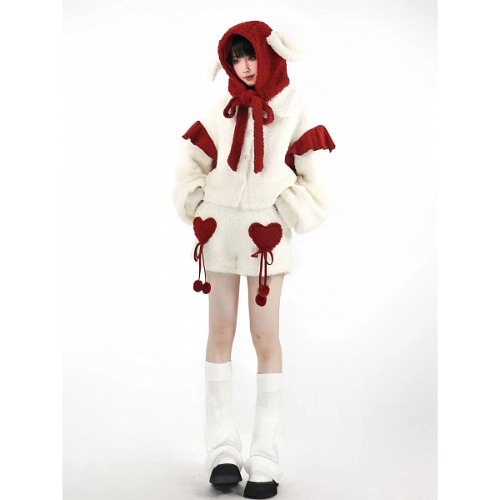 Sweet Berry Cream Christmas Red Hearts Decorated White Plush Shorts