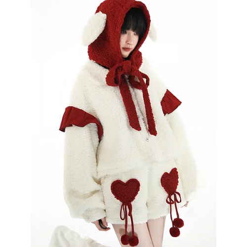 Sweet Berry Cream Christmas Ruffle Trim White Plush Coat with Hat