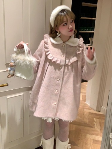 white collar pink ruffle trim coat