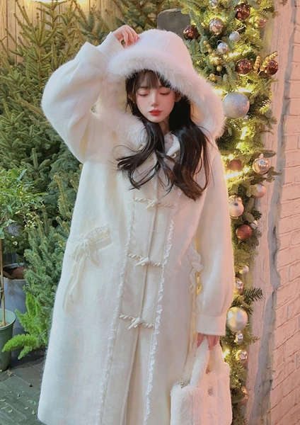 Sweet girly hooded long duffle coat