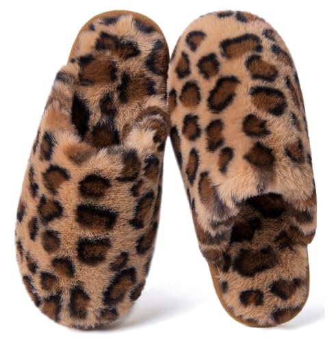 Chaussons Femme Homme Hiver Pantoufles Fourrés Chaud Confortable Antidérapants Souples Cozy Peluche Doublure Maison Douce - 37/38 EU - Léopard