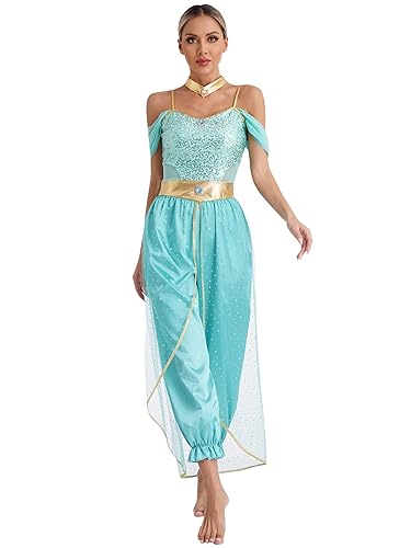 TiaoBug Femme Déguisement Princesse Arabe Cosplay Arabian Princess Costume Carnaval Halloween Combinaison Justaucorps Gymnastique Danse à Paillettes Jumpsuit Bodysuit - Turquoise - 4XL