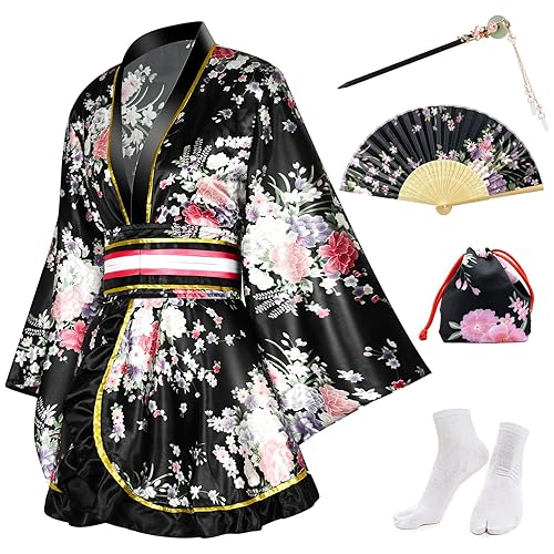 PLULON 5 pièces femmes Kimono japonais Robe courte imprimé fleuri Kimono Robe Sexy Geisha Yukata Satin peignoir avec accessoires - Taille unique - Noir