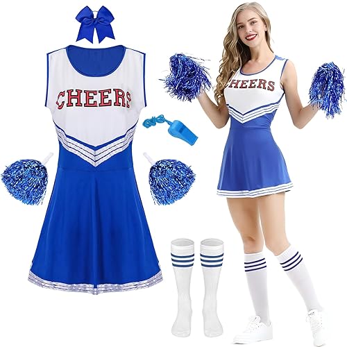 LXWINNER Costume de pom-pom girl pour femme,Uniforme de cheerleader,avec Pompoms Chaussettes,Sifflet, Déguisement Cheerleader Adultes, pour Adulte Halloween Carnaval Cosplay Mascarade - Bleu - L