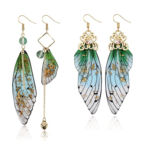 ABONDEVER Cottagecore Butterfly Wing Earrings 1 Pair 14K Gold Foil Fairy Wing Earrings & 1 Pair Fairycore Asymmetrical Earrings for Women Drop Dangle Earrings - Gold Foil-green