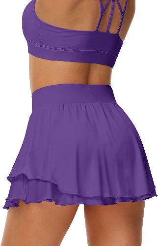 UrKeuf Women's Athletic Tennis Skirts with Pockets 13in Ruffle Golf Running Workout Ice Silk Flowy Skorts with Sports Shorts - Dark Purple Small
