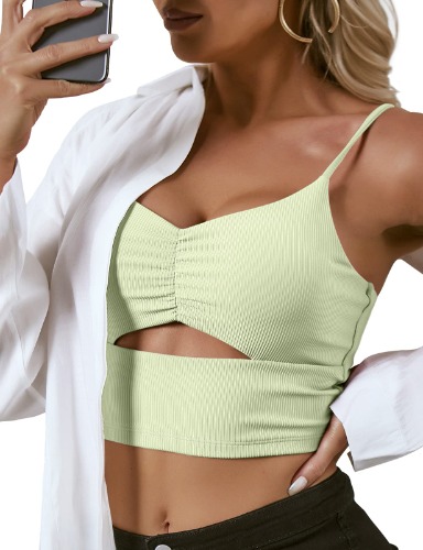 Women Athletic Gym Workout Yoga Tops Strappy Crop Tank Summer Top Ribbed Longline Sports Bra Camisole Shirts Build in Bras - Light Green Top Small