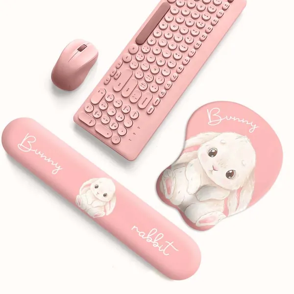 Pink Bunny Mouse Pad Pastel Pink Keyboard Wrist Rest Pink Desk Accessories