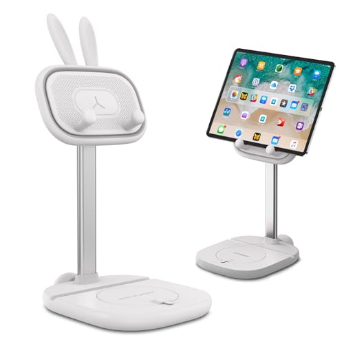 OATSBASF Cute Bunny Tablet Stand for Desk, Adjustable Height Tablet Stand Holder Dock Compatible with Tablet Such as iPad Pro 9.7, 10.5, 12.9 Air Mini, Kindle, Nexus, Tab, E-Reader (4-13") (White) - White