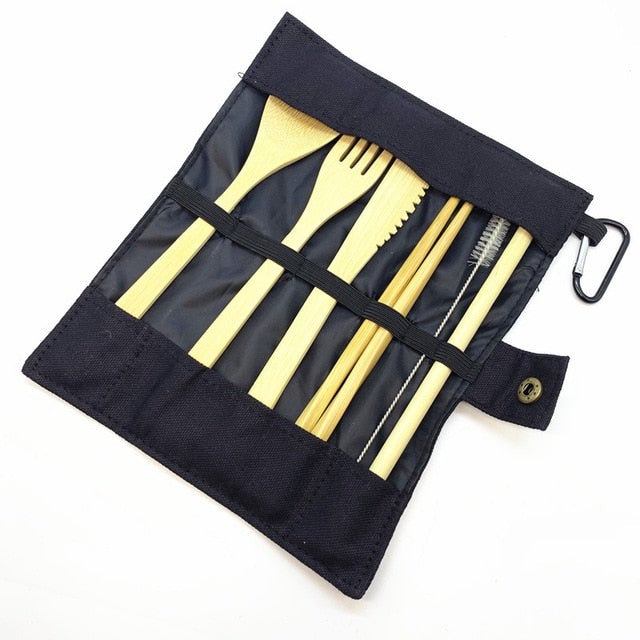 Bamboo Cutlery Set with Portable Case - Mysterious Black