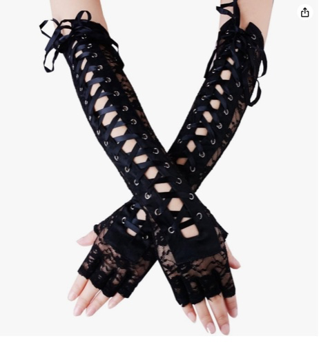 JISEN Womens Fingerless Gloves Elbow Lace Up steampunk Costume Arm Warmer - Satin Black