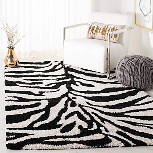 SAFAVIEH Florida Shag Collection Area Rug - 5'3" x 7'6", Ivory & Black, Zebra Print Design, Non-Shedding & Easy Care, 1.2-inch Thick Ideal for High Traffic Areas in Living Room, Bedroom (SG452-1290) - 5 ft 3 in x 7 ft 6 in - Ivory / Black