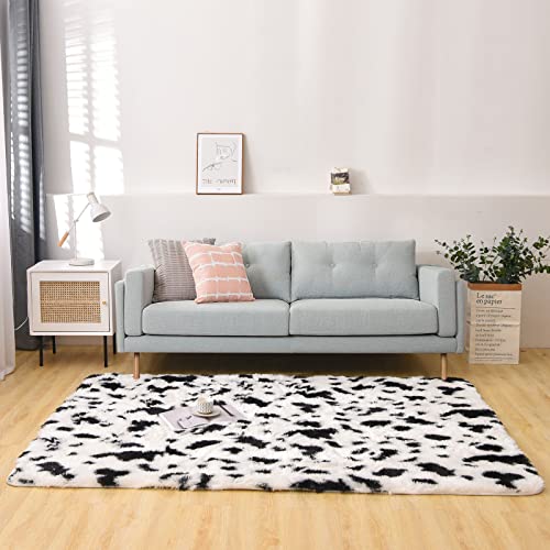 Aimuan Cow Print Area Rug Cute Fluffy Faux Cowhide Rug Super Soft Shaggy Carpets Tie-Dye Rugs for Living Room Bedroom Girls Kids Room Nursery Home Decor Non-Slip Mat (White-Black, 5x7) - White-black - 5x7