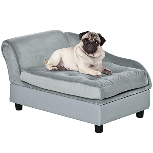PawHut Pet Sofa Dog Couch Chaise Lounge Pet Bed with Storage Function Small Sized Dog Various Cat Sponge Cushioned Bed Lounge, Light Grey - Light Blue