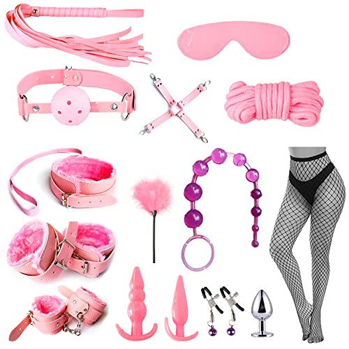 MISSTU BDSM Restraints Sex Toys 15Pcs Bondage Restraints Set Fetish Bed Restraints Kits for Beginners SM Adult Games Safe BDSM Cuffs Nipple Clamps Flogger Ball Gag Blindfold Rope Pink - Pink