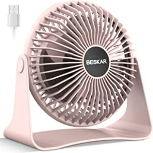 BESKAR USB Small Desk Fan - 6 Inch Portable Fans with 3 Speeds Strong Airflow, Quiet Operation and 360°Rotate, Personal Table Fan for Home,Office, Bedroom - 3.9 ft Cord - Pink