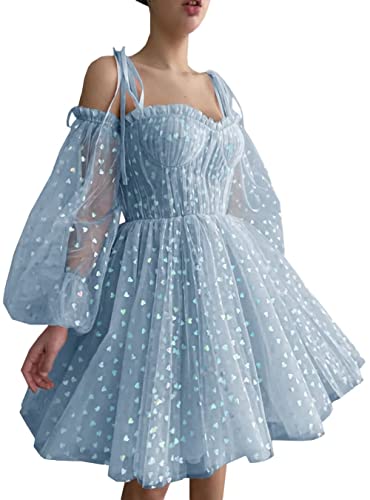 Maxianever Glitter Heart Tulle Homecoming Dresses for Teens Sweetheart Petite Prom Dresses Spaghetti Straps A Line - 01-blue - 22 Plus