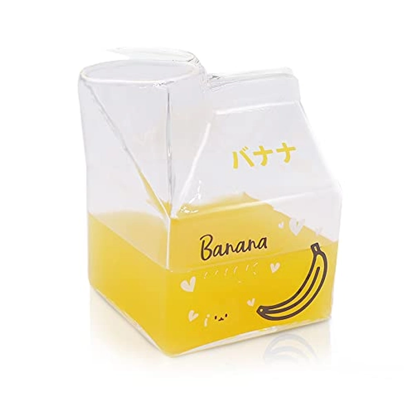 Blsky Glass Milk Carton Cute Kawaii Cups Microwavable Glass Creamer Pitcher Mini Creamer Container Milk Cup Banana Square Breakfast Mug with Gift Box, 12 OZ (Banana)