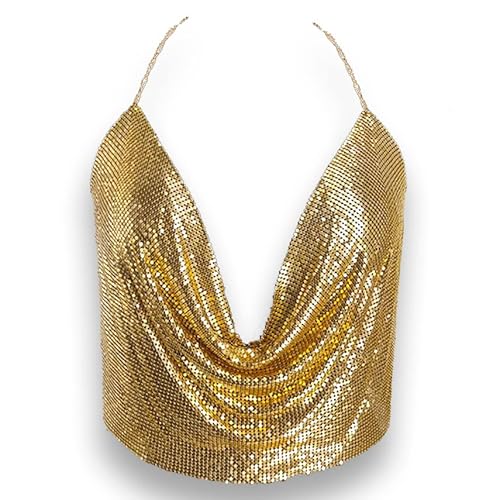 Tank Tops Sequin Crop Top Sexy Deep V Backless Halter Body Chain - gold(less than for 5.5 feet and 120 pounds)
