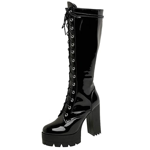 MAVMAX Women's Patent Leather Riding Boots Platform Chunky High Heels Lace up Knee High Combat Boots - 9 - Black