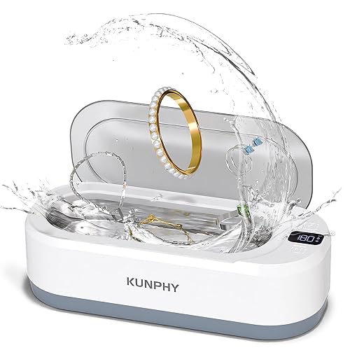 Upgraded KUNPHY Ultrasonic Jewelry Cleaner, 350ML 48KHz Professional Sonic Cleaner Machine with 3 Digital Timer, One-Touch Operation for Eyeglass, Watches, Ring, Silver, Gold, Earrings, Coins - White