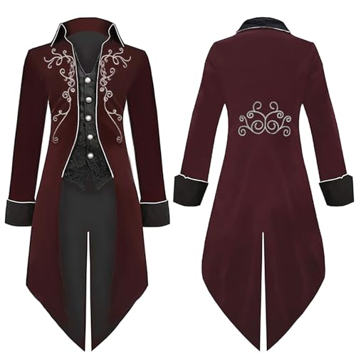 SUMLETON Medieval Vintage Steampunk Tailcoat Halloween Men's Costumes Vampire Gothic Lapel Embroider Frock Coat - Small - A-red
