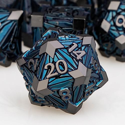 ORIFANTOU 7PCS Metal DND Dice Set Black Blue D&D Dice with Box, Debris RPG D and D Dice Dungeons and Dragons Role Playing Game Polyhedral Dice Set D20 D12 D10 D8 D6 D4 - Black Blue