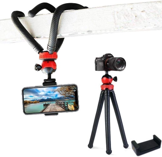 Tygot T-11 Flexible Gorillapod Tripod with 360° Rotating Ball Head Tripod for All DSLR Cameras(Max Load 1.5 kgs) & Mobile Phones + Free Heavy Duty Mobile Holder(Black) (12 Inch, Black and Red)