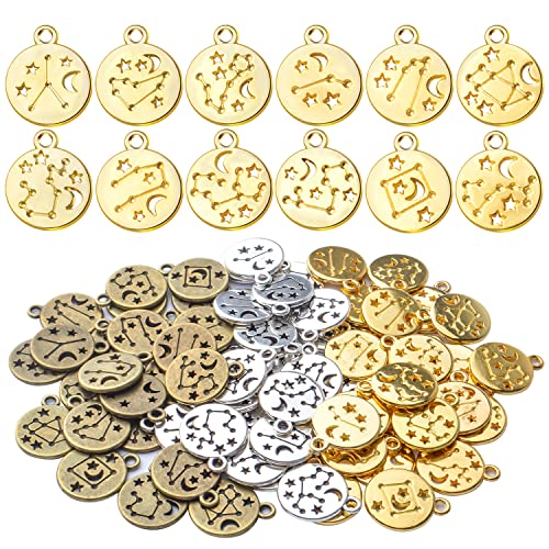 Round Zodiac Sign Charms,72pcs Twelve Constellations Charms Alloy Zodiac Charm Pendants Double Sided Charms Beads for Jewelry DIY Earrings Bracelets Crafts Making,3 Colors