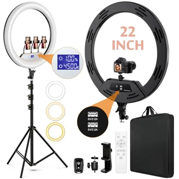 22" LED Ring Light, with 75" Tripod/LCD Display/3+1 Phone Clips/ 2 USB Ports/Wireless Remote, Adjustable 2600K-6500K Color Temperature, for YouTube Facebook Live TikTok Video Recording Vlog