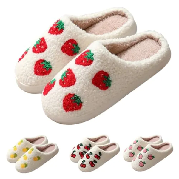 Abubbi Fuzzy Cute Fruit Slippers for Women with Thick and Soft Plush Fleece Winter House shoes