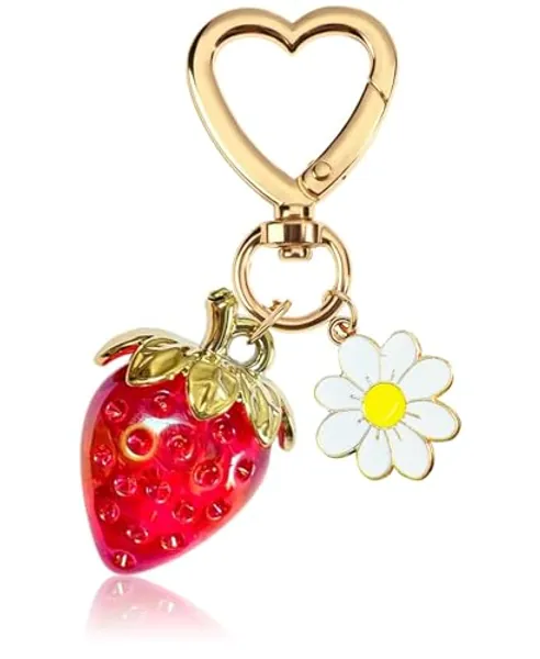 LAEKOU Cute Strawberry Keychain for Women, Girls Bag Charm Key Chain Accessories, Heart Flower Keychains for Purse