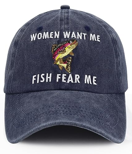 Women Want Me Fish Fear Me Hat for Men, Funny Embroidered Adjustable Washed Cotton Fishing Baseball Cap - Navy