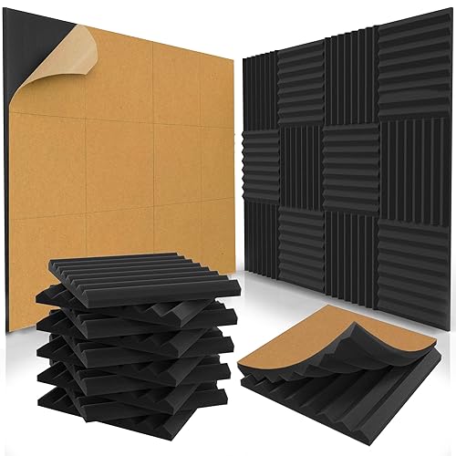24 Pack Self-Adhesive Acoustic Panels 1 X 12 X 12 Inches - Acoustic Foam - Studio Foam Wedges - High Density Panels - Soundproof Wedges - Charcoal - 24 - Charcoal S/A