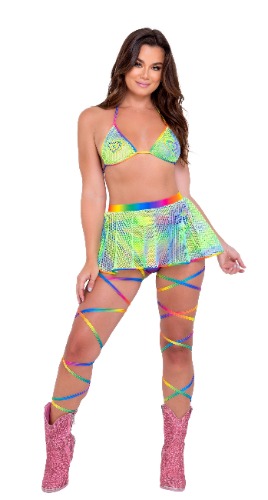 Roma Rave 6142 - Tie-Dye Fishnet Flare Skirt - Small / Green Multi