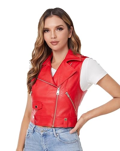 DIASHINY Faux Leather Vest For Women Lapel Sleeveless Moto Slim Fit PU Motorcycle Biker Waistcoat - 046 Red - Medium